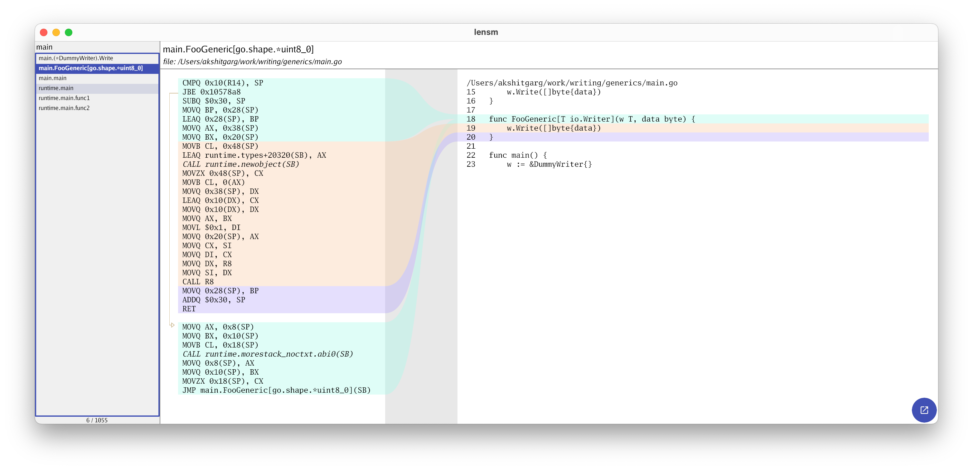 Screenshot of lensm showing compiled code for the generic function