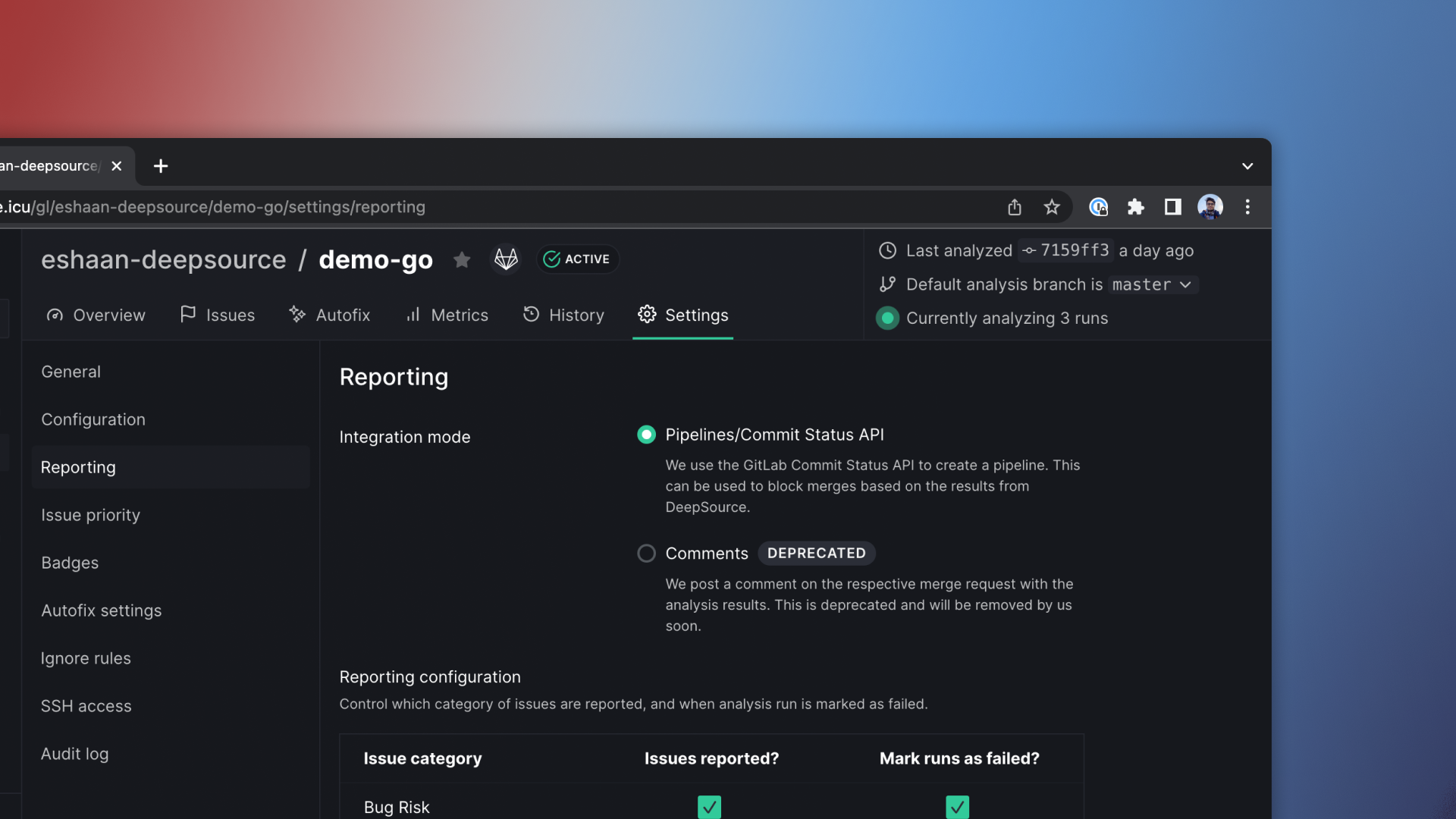 Repository settings page on DeepSource