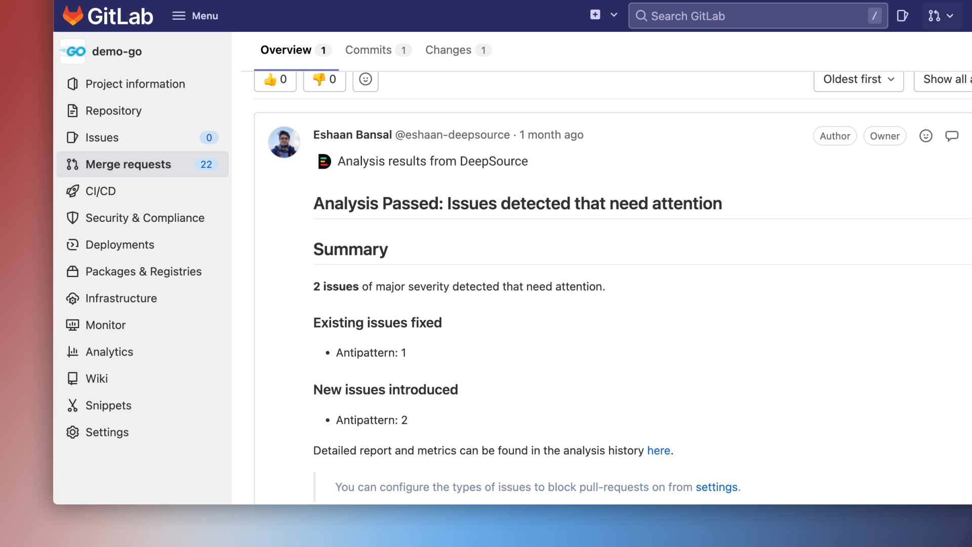 Analysis result as a comment on GitLab merge request page