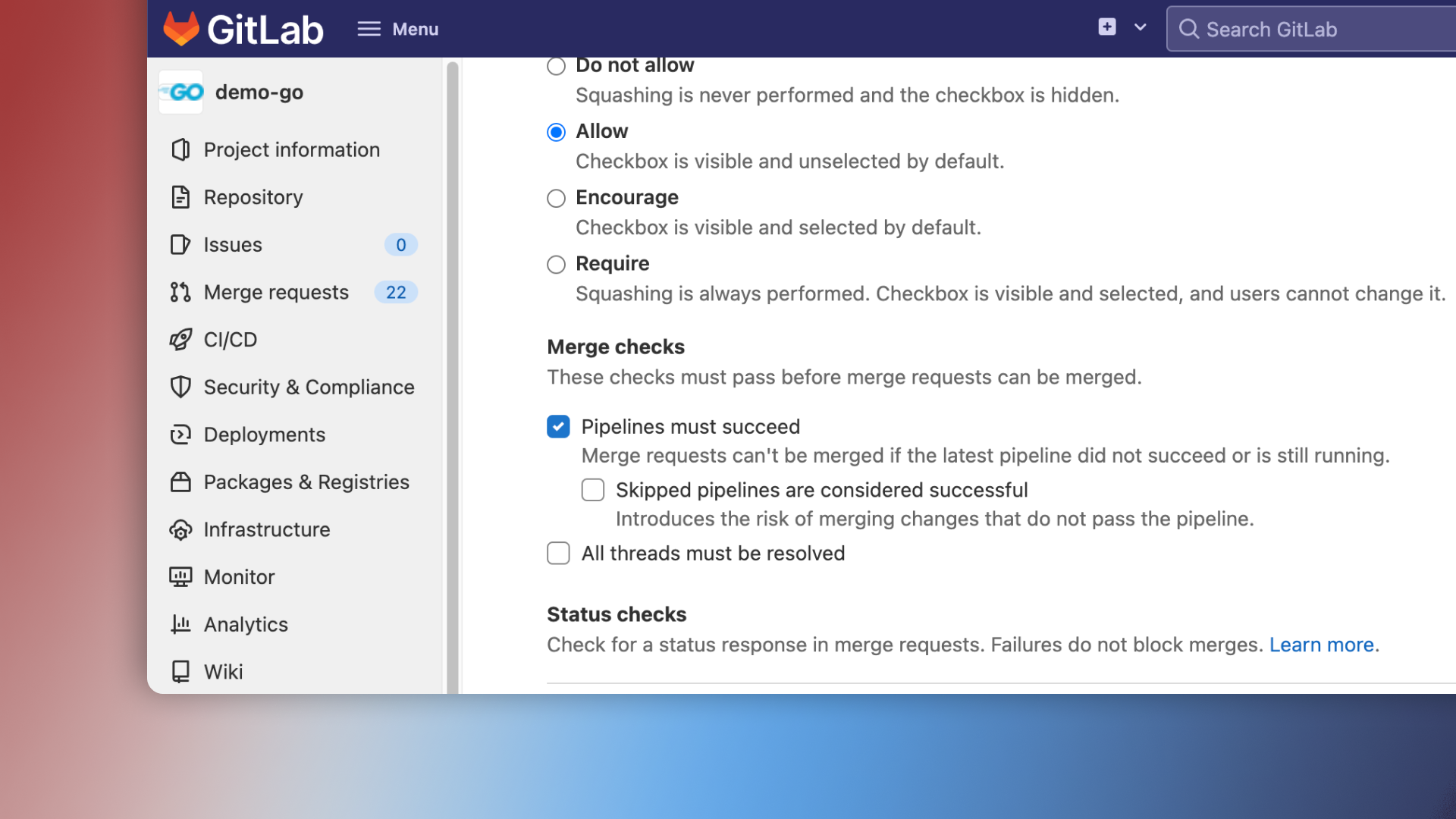 Configure repository settings on GitLab