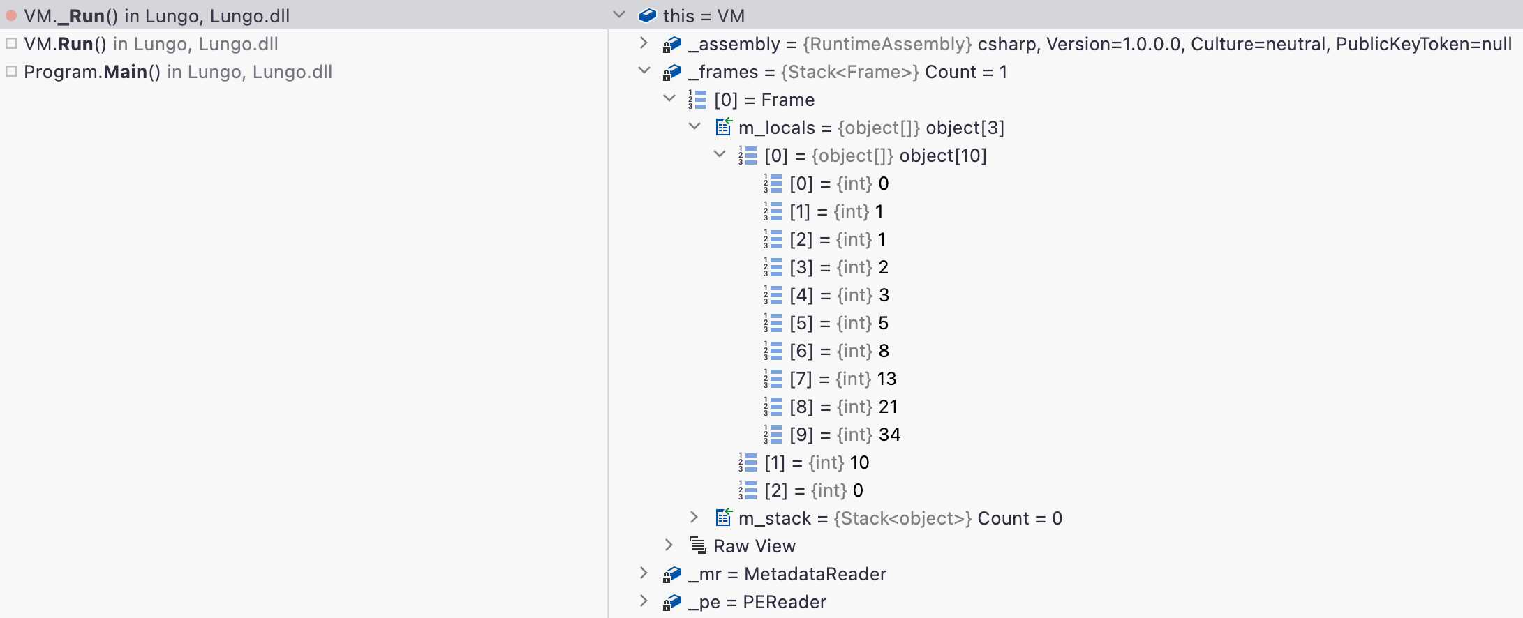 Debug snapshot showing the contents of the locals array