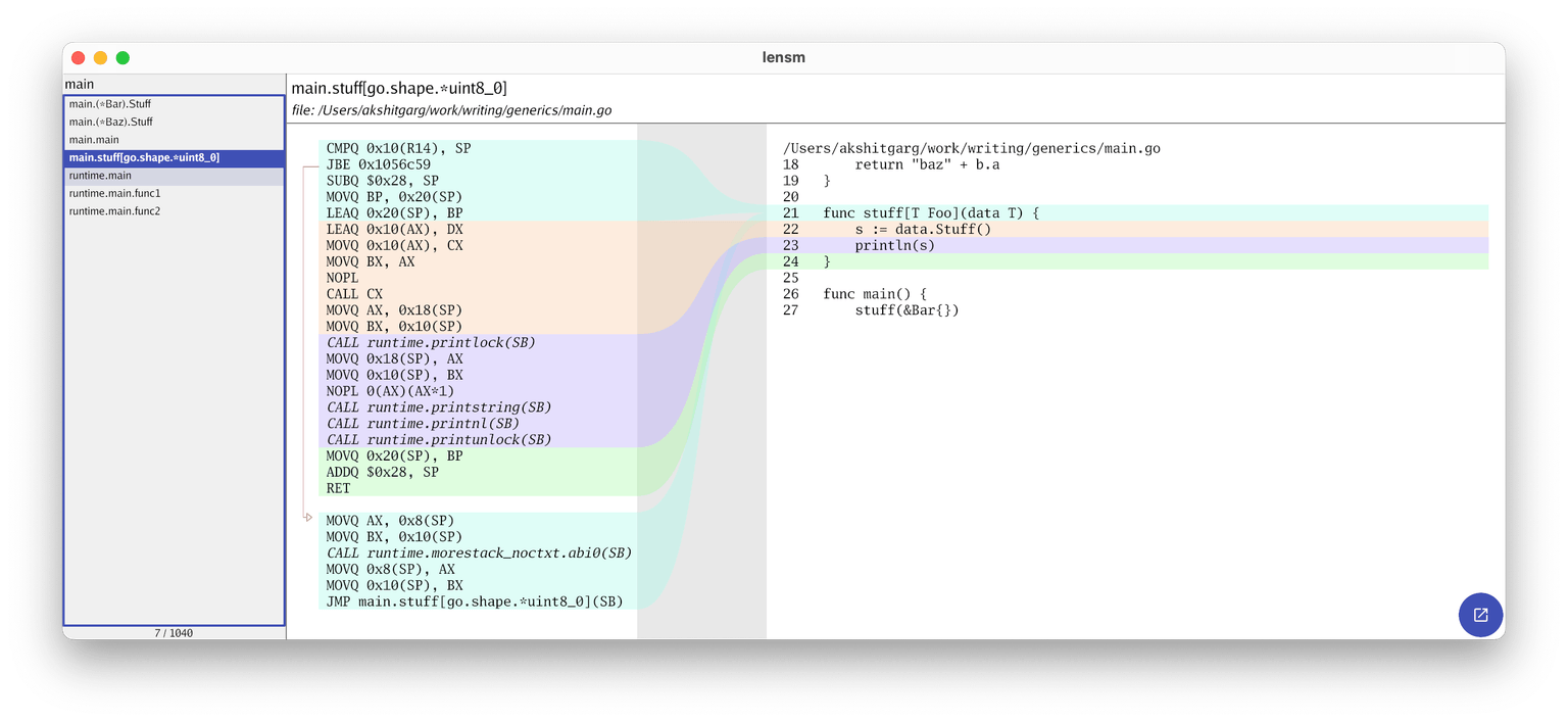 Screenshot of lensm showing interface resolution using dictionaries