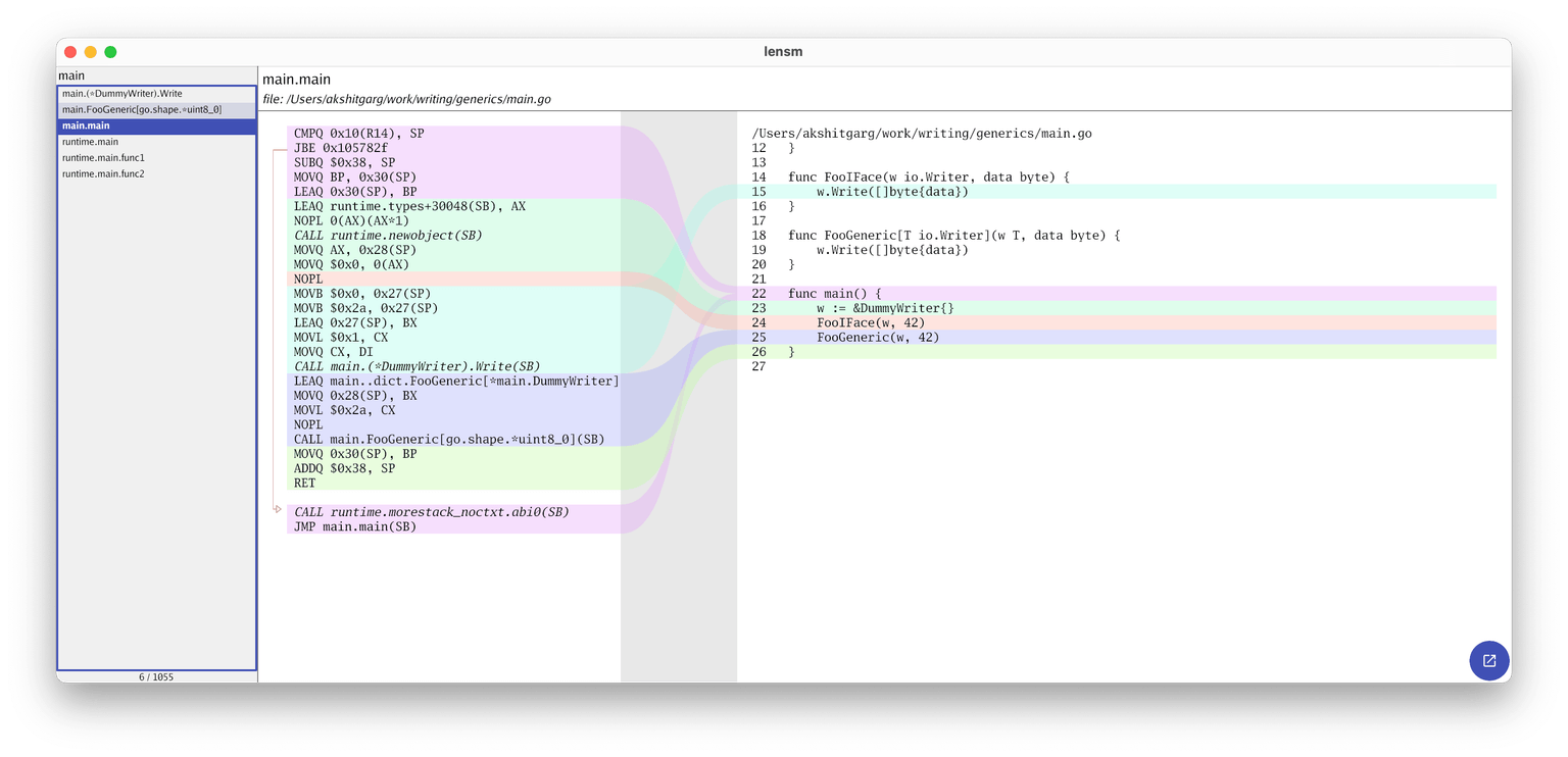 Screenshot of lensm showing the assembly code for the interface function call