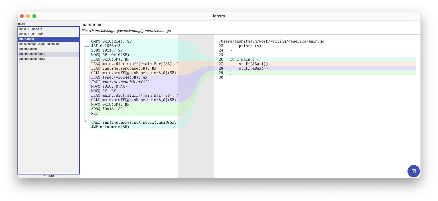 Screenshot of lensm showing the compiled code for the above snippet