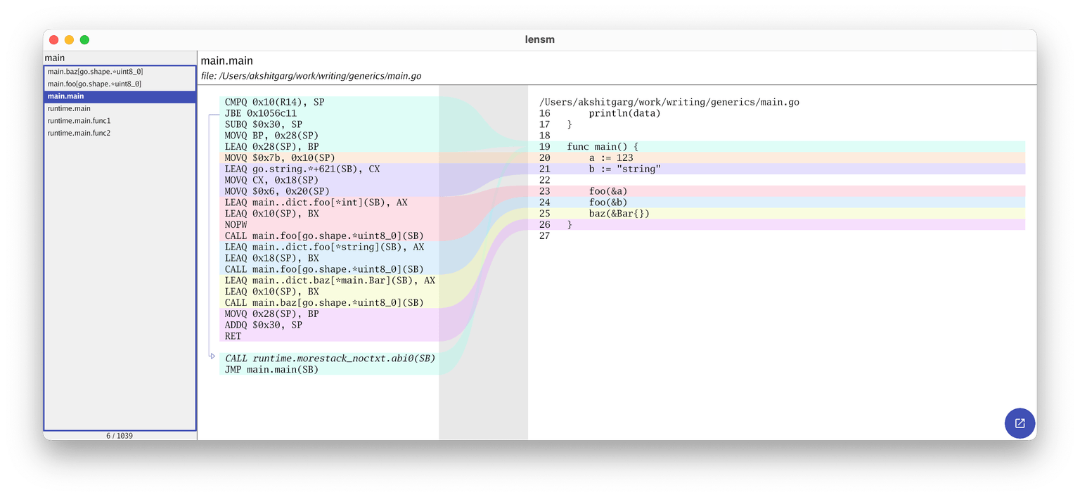 Screenshot of lensm showing the compiled code for the above snippet