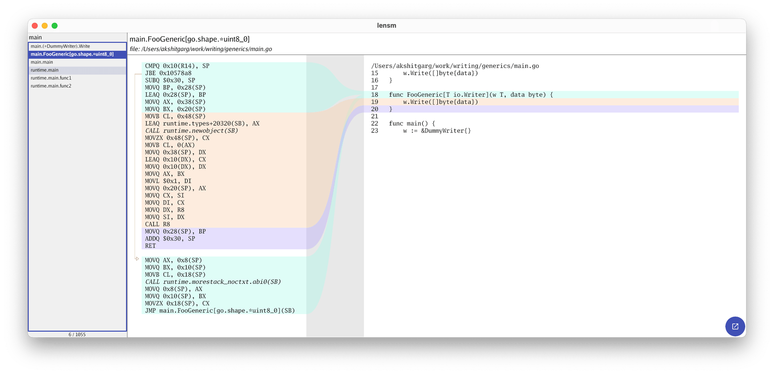 Screenshot of lensm showing compiled code for the generic function