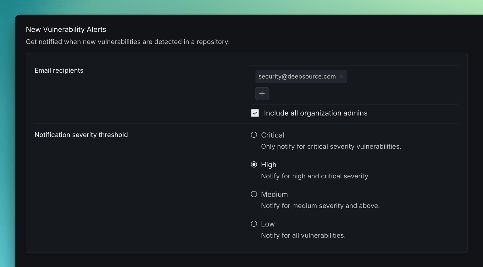 New Vulnerability Alerts Settings