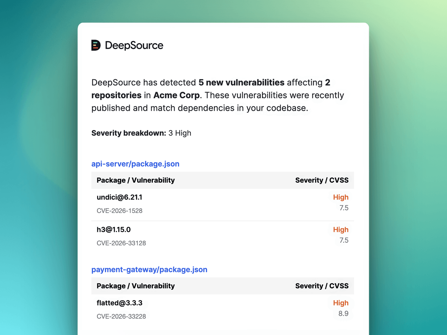 Email digests from DeepSource with latest CVEs detected in repositories monitored